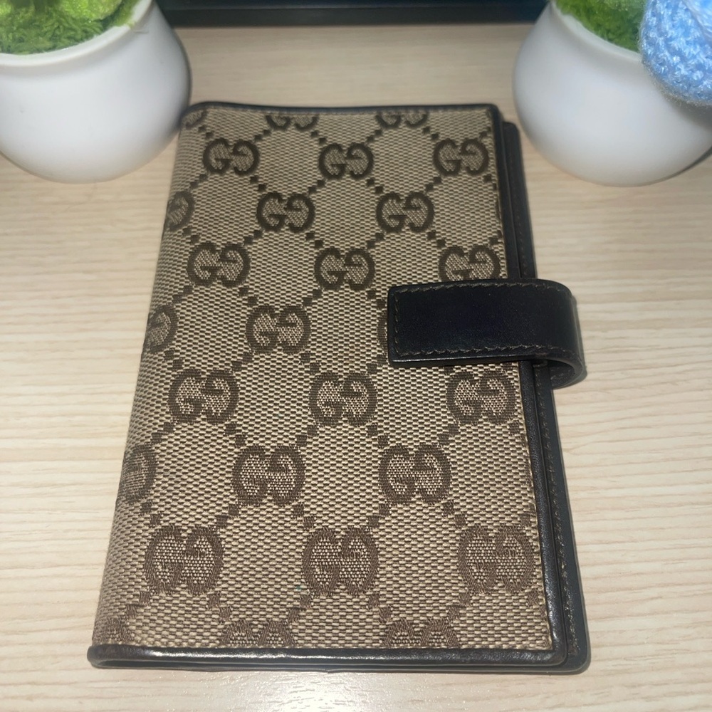 Vintage GUCCI GG Canvas Brown Drk Brown Lthr Bifold Diary Day Planner/Organizer